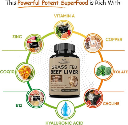 Wholesome Wellness Grass Fed Desiccated Beef Liver Capsules (180 Pills, 750mg Each) - Natural Iron, Vitamin A, B12 for Energy - Raised Undefatted in New Zealand Without Hormones or Chemicals