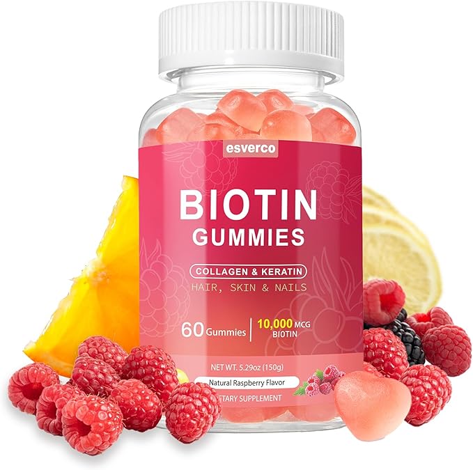 Biotin 10000mcg Keratin Collagen Gummies Supplements Hair Skin and Nails Vitamins Gummies Daily Hair Nail Growth & Strengthener Gummies for Women Vegan Biotin and Vitamin C Gummy 60 Count