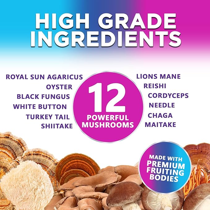 Mushroom Supplement Gummy - 12 in 1 Mushroom Complex with Lions Mane, Reishi, Cordyceps, Chaga & Turkey Tail, Immune Support & Nootropic Supplements for Memory, Brain, Energy & Focus - 60 Gummies