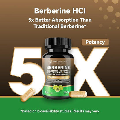 Berberine 1300mg with Green Tea Extract, Resveratrol, Red Yeast Rice & CoQ10 – 13-in-1 Immune Health, Natural Metabolic Support – 60 Capsules – Non-GMO, Lab Tested