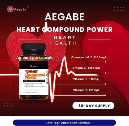 Heart Health Supplements,High Strength CoQ10 200mg & Omega-3 200mg,Ultra High Absorption,Helps Enhance Heart Strength and Blood Vessel Elasticity,Reduces Vascular Resistance,30-Day Supply