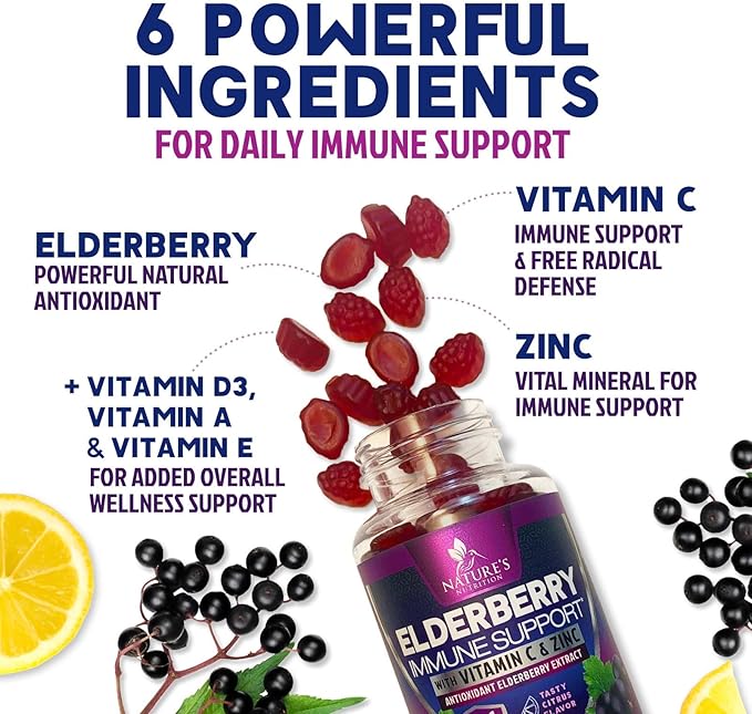 Immune Support Gummies - Sambucus Elderberry Gummy with Elder Berry Extract, Zinc & Vitamin C, Natural Vegan Immune Support Supplement for Adults & Children, Gummy Elderberry Vitamins - 60 Gummies