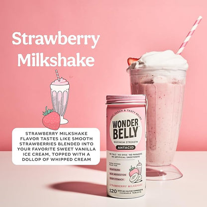 Wonderbelly Antacid, Effective Heartburn and Instant Acid Indigestion Relief, Extra Strength Chewable Tablets, 1000 mg Calcium Carbonate, No Talc or Dye, Strawberry Milkshake, 120 Count