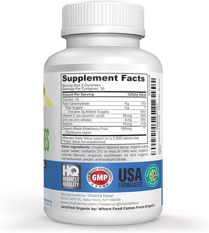 Organic Elderberry Gummies - USDA Certified - Vitamin C & Zinc - Chewable Sambucus - Immune System Support - Vegetarian & Vegan - Raspberry Flavored - Gluten Free - Non-GMO - 60 Count
