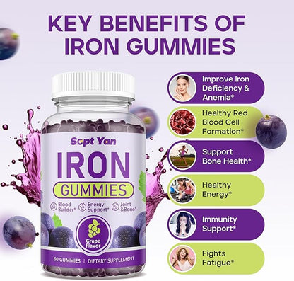 Iron Gummies for Women and Men, Iron Gummies with Folate, Vitamin B12, Zinc & D3 for Blood Building, Energy Boost, Immune Support & Bone Health, Gentle Absorption, Vegan,Grape Favour 60ct