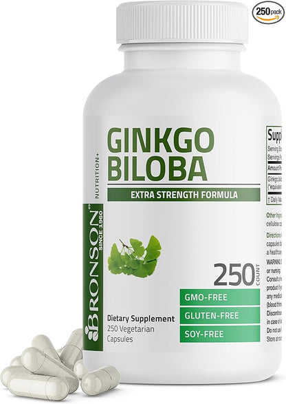 Bronson Ginkgo Biloba Extra Strength Supports Brain Function & Memory Support, 250 Vegetarian Capsules