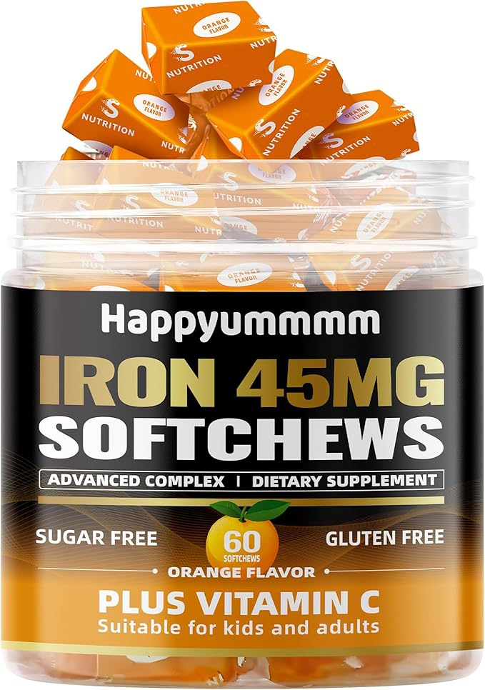 Iron Soft Chews Supplement with Vitamin C | Orange Flavored | Gluten Free | Iron Supplement for Women Men and Kids | 60 Count | 2 Month Supply