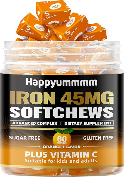 Iron Soft Chews Supplement with Vitamin C | Orange Flavored | Gluten Free | Iron Supplement for Women Men and Kids | 60 Count | 2 Month Supply