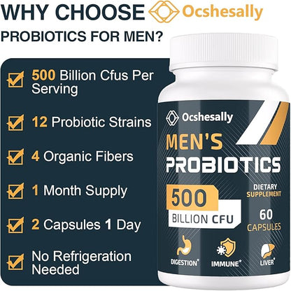 Probiotics for Men, 500 Billion CFUs & 12 Strains Mens probiotic, with Turmeric, Cranberry, Goji - Probiotics for Digestive Health, Gut, Immune & Bloating, Prostate & Urinary Tract Health, 60 Capsules