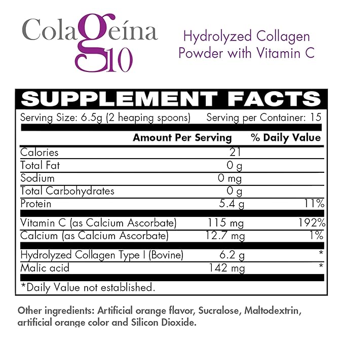 Colageina 10 Hydrolized Collagen Powder with Vitamin C, Anti-Aging, Orange Flavor, Water-Soluble, 3.5 Oz, Jar 3.5 Oz Powder, Jar