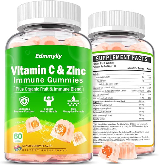 Organic Vitamin C Gummies for Adults - Chewable Vitamin C with Zinc & Iron and Vitamin D3 5000iu for Women Men - Immune Support Supplement Gummies