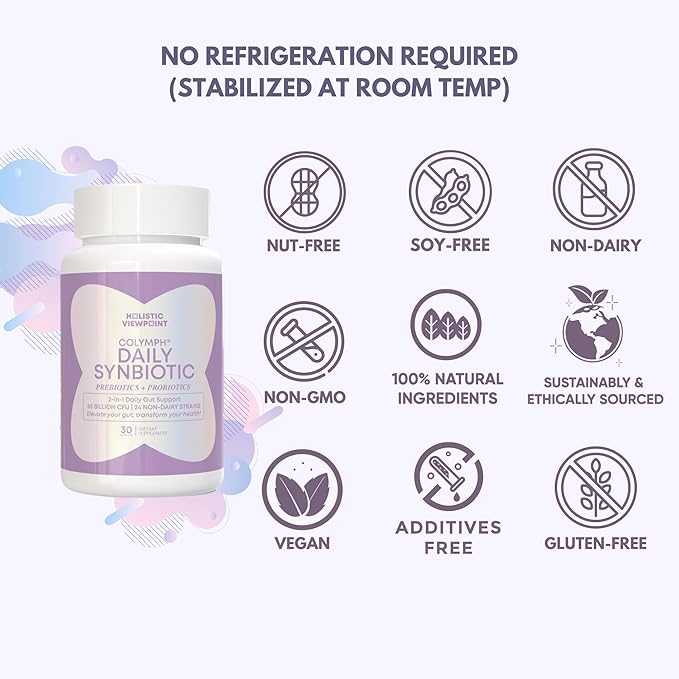 CoLymph® Daily Synbiotic Upgraded 24 Strains, 65 Billion CFU, High Potency Prebiotics + Probiotics | Non-Dairy, Supports Gut Health, Digestion, Bloating, Mood, 30 Vegan Capsules