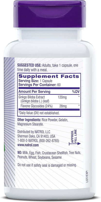 Natrol Brain Health Ginkgo Biloba 120mg, Dietary Supplement for Brain Health and Memory Support, 60 Capsules, 60 Day Supply