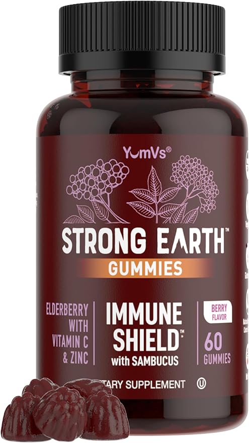 YUM-V'S Strong Earth by YumV's Immune Shield with Sambucus Elderberry Gummies for Adults - Black Elderberry with Vitamin C and Zinc - Berry Flavored Immune Support Gummies (60 Count (Pack of 1))