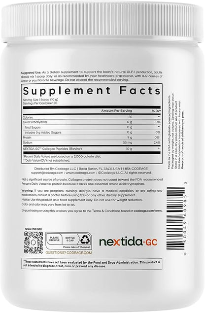 Codeage GLP-1 Collagen Powder Supplement - Nextida GC Collagen Peptides - GLP 1 Support - Hydrolyzed, Grass-Fed, Type I & III, Unflavored - Non-GMO, Gluten-Free, Dairy-Free - 10.58 Oz