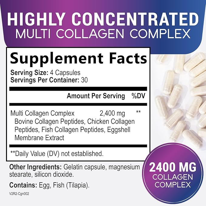 Collagen Peptides for Women & Men - Multi Collagen Supplement for Hair, Nail, Skin, Bone and Joint Support, Type I, II, III, V, X, Grass Fed Hydrolyzed Powder Pills, Non-GMO - 120 Capsules