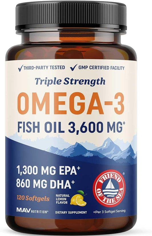 Triple Strength DHA Omega 3 Fish Oil 3600 mg | Over 2100mg Omega-3 Fatty Acids with 860mg of DHA | 1300mg EPA | Best Essential Fatty Acids | Premium Wild Caught & Burpless Fish Oil | 120 Softgels