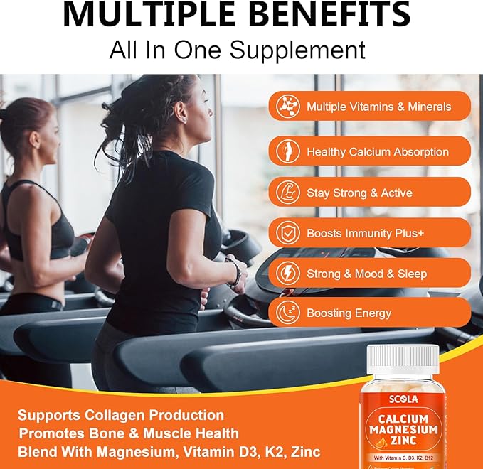 Calcium Magnesium Zinc Supplement with Vitamin C D3 B12 K2, 1000mg Calcium, 400mg Magnesium for Immune Energy Support, Bone Health and Muscle Function Softgels, 120 Count