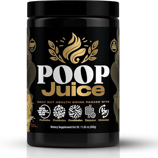 Poop Juice 5-in-1 Prebiotic, Probiotic, Postbiotic, Digestive Enzymes & Glutamine Supplement Powder - Bloat Relief, Gut & Immune Support - Sugar & Lactose-Free - 30 Servings (Georgia Peach Mango)