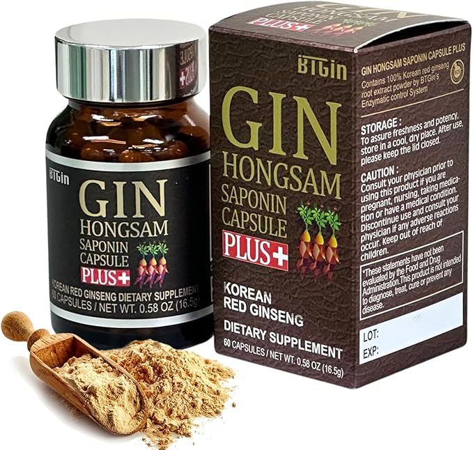 Korean Red Ginseng [Gin HONGSAM] 60 Capsules - Premium Anti Aging Supplements - Boost Energy | Immune | Memory for Women and Men 100% Red Ginseng