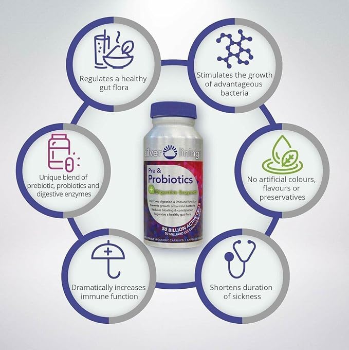 Silver Lining Pre & Probiotics + Digestive Enzymes | 50 Billion CFU/Active Cells | Digestive & Immune Function Support, Reduces Bloating | Shelf-Stable Formula | 120 Count (Pack of 1)