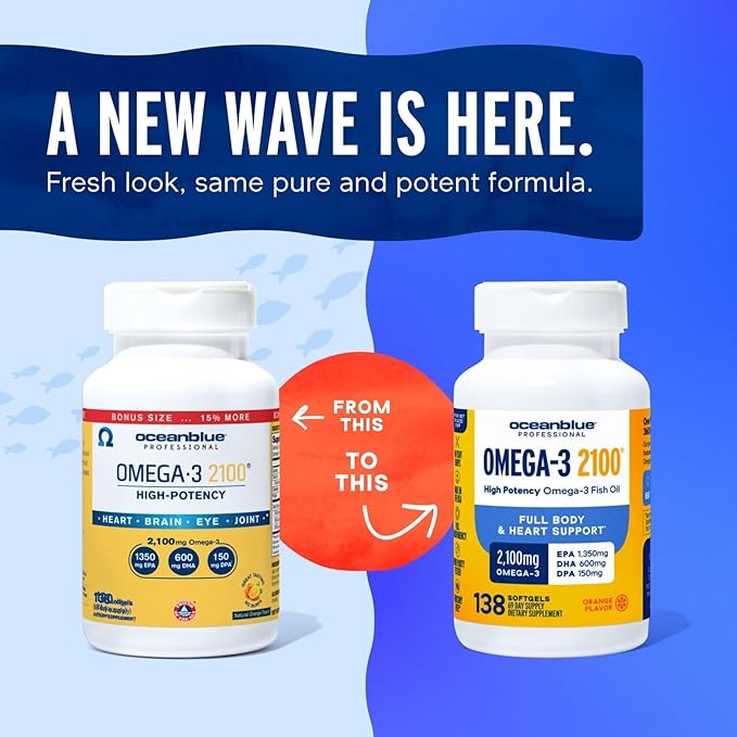 Oceanblue Professional Omega-3 2100 – 138 ct Bonus Bottle– Triple Strength Burpless Fish Oil Supplement with High-Potency EPA, DHA, DPA – Wild-Caught – Orange Flavor, 69 Servings