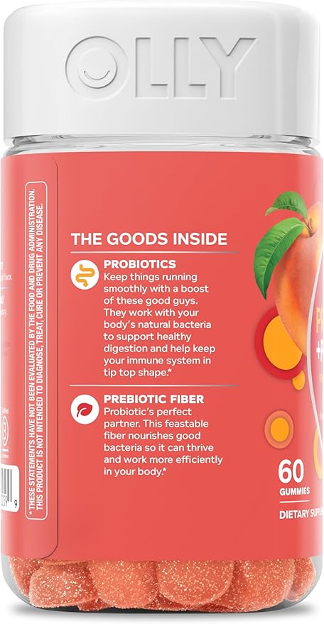 OLLY Probiotic + Prebiotic Gummy, Digestive Support and Gut Health, 500 Million CFUs, Fiber, Adult Chewable Supplement for Men and Women, Peach, 60 Day Supply - 60 Count