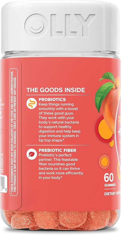 OLLY Probiotic + Prebiotic Gummy, Digestive Support and Gut Health, 500 Million CFUs, Fiber, Adult Chewable Supplement for Men and Women, Peach, 60 Day Supply - 60 Count