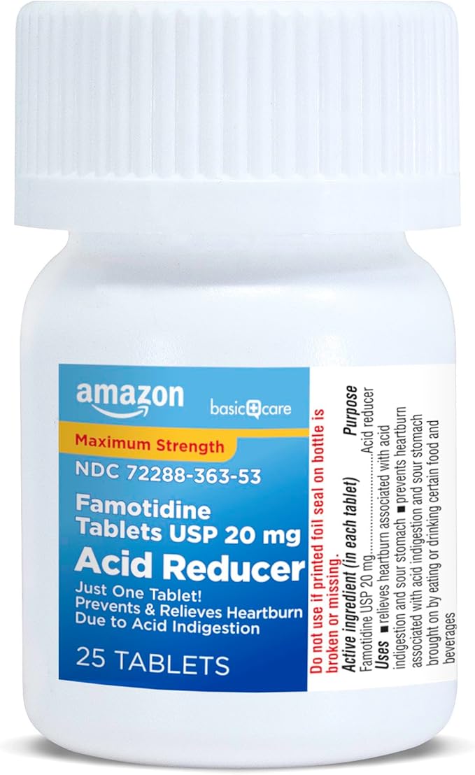 Amazon Basic Care Maximum Strength Famotidine Tablets 20 mg, Acid Reducer for Heartburn Relief, 25 Count (Packaging may vary)