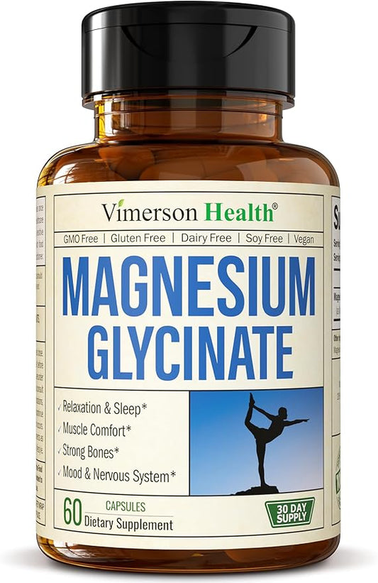 Magnesium Glycinate 200mg Capsules (Glicinato de Magnesio) - Chelated Magnesium 200mg for Restful Sleep, Relaxation, Mood Support, Leg & Muscle Comfort, Bone & Nervous System Health. 60 Vegan Capsules