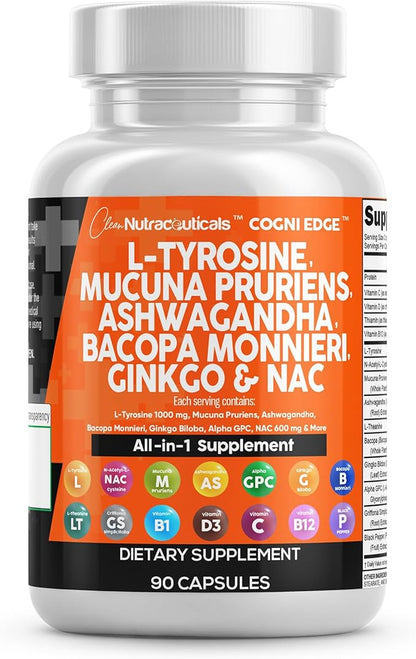 Clean Nutraceuticals L Tyrosine Mucuna Pruriens Bacopa Monnieri Ashwagandha Focus Supplement w/N-Acetyl Cysteine NAC 5-HTP Ginkgo Biloba Alpha GPC Vitamin C D B1 B12