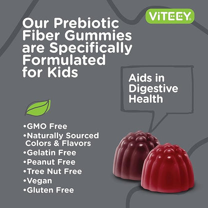 Viteey Prebiotic Kids Fiber for Constipation Relief, Digestive Health Regularity Support, Natural Weight Support - Fiber 4g, Zero Sugar Added, Vegan, Gluten Free - Tasty Chewable Fruit Flavored Gummy