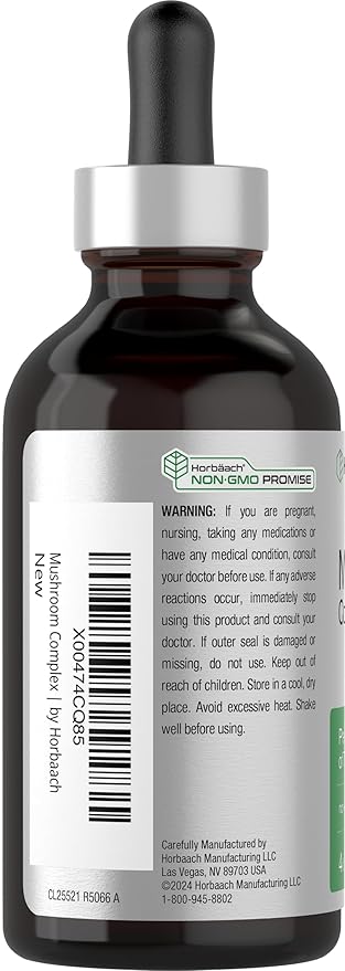 Horbäach Mushroom Complex Liquid Extract | 4 FL Oz Tincture Drops | 7 Premium Mushrooms | Maitake, Shiitake, Reishi, Chaga, Cordyceps, Lion's Mane & Oyster Mushrooms | Vegetarian, Non-GMO, Gluten Free