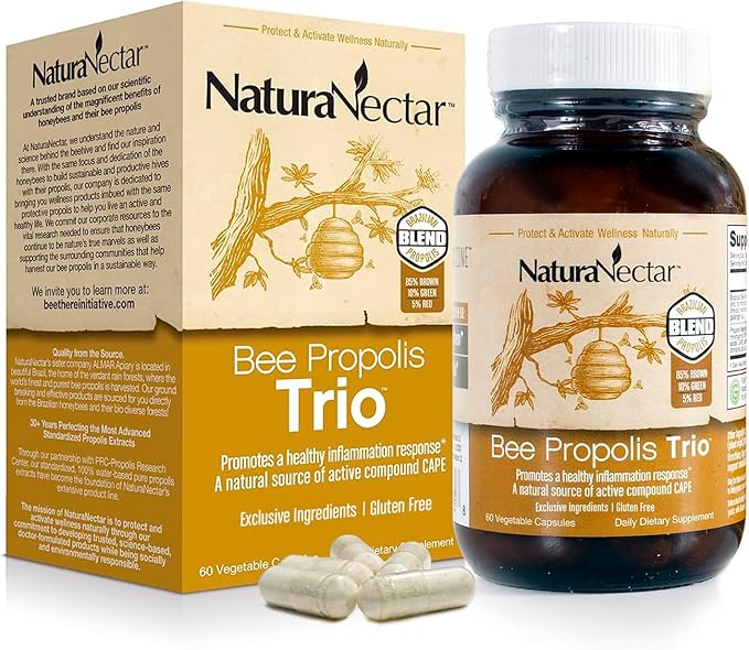 NaturaNectar - Bee Propolis Trio Capsules, NSF Certified Premium Brazilian Propolis - Gluten-Free Supplements with More Diverse Flavonoids & PWE - Naturally Sourced Through Ethical Beekeeping (60pcs.)