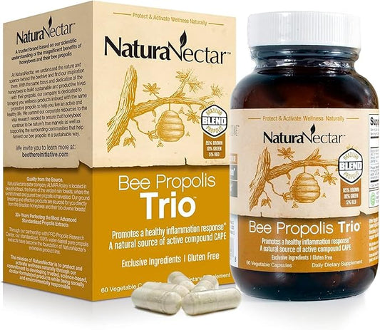NaturaNectar - Bee Propolis Trio Capsules, NSF Certified Premium Brazilian Propolis - Gluten-Free Supplements with More Diverse Flavonoids & PWE - Naturally Sourced Through Ethical Beekeeping (60pcs.)