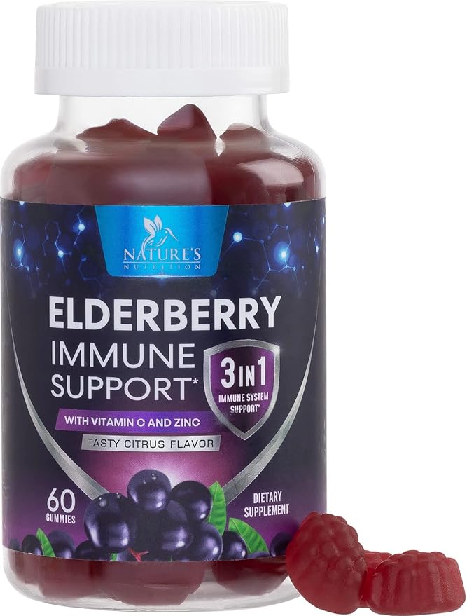 Sambucus Elderberry Immune Gummies, Daily Elderberry Immune Support Vitamins with Vitamin C, Vitamin D3, Zinc, Immune Support Gummy Vitamin Supplement, Black Elder berry for Adult & Kid - 60 Gummies