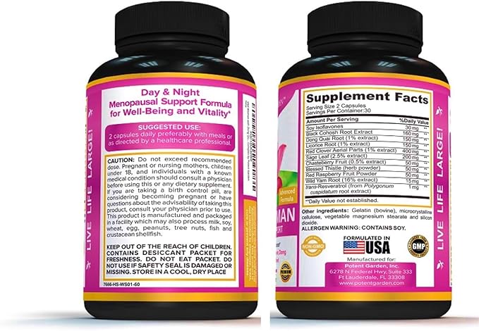 Potent Garden Menopause Relief Supplement with Black Cohosh, Soy Isoflavones, and Don Quai, Hot Flash Relief & Night Sweats Relief for Women, Non-GMO, 60 Capsules, 30 Servings