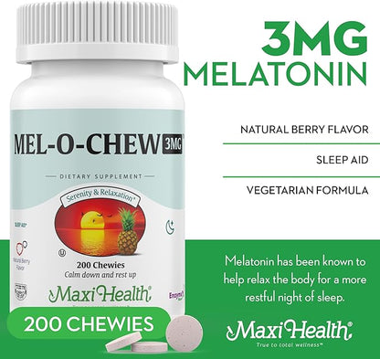 Maxi Health Extra-Strength Mel-O-Chew 3 MG Kosher Chewable Melatonin, Berry Flavor (200 Count)