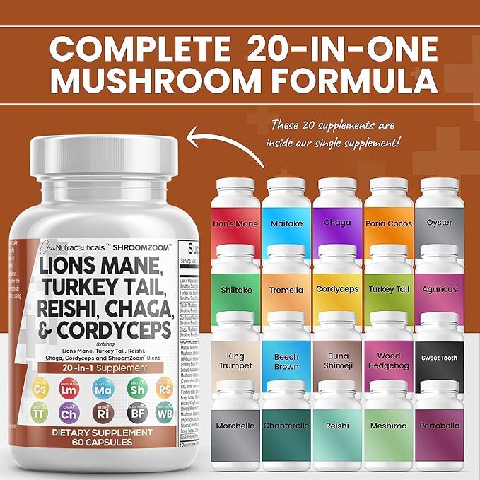Clean Nutraceuticals Lions Mane 20in1 Mushroom Supplement with Turkey Tail Reishi Cordyceps Chaga Maitake Meshima Poria Cocos Shiitake Oyster Porcini Enoki (5)