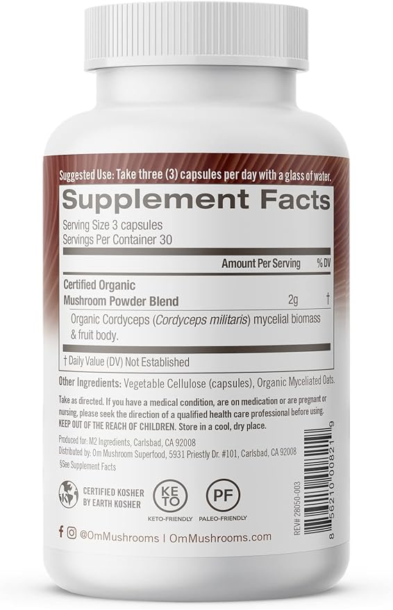 OM MUSHROOM SUPERFOOD Cordyceps Mushroom Capsules Superfood Supplement, 90 Count, 30 Days, Organic Energy Supplement for Stamina and Endurance