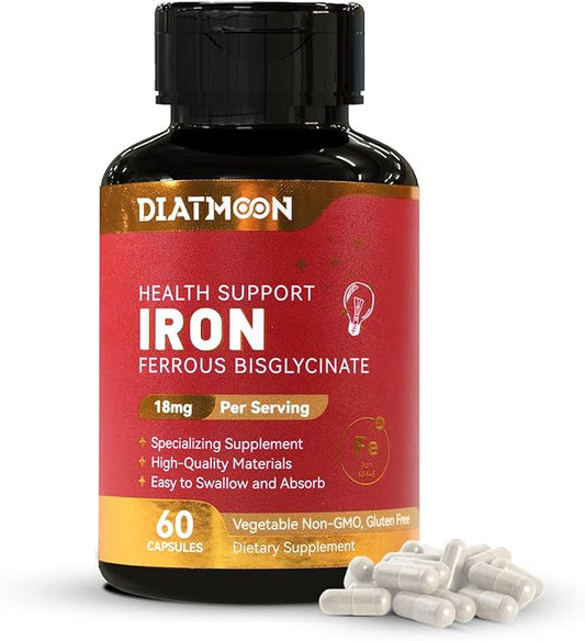 Iron Supplement, High Potency Iron 18 mg, as Ferrous Bisglycinate, for Women & Men, Easily Absorbed, Non-Gluten, GMOs-Free, 60 Count Veg Capsules