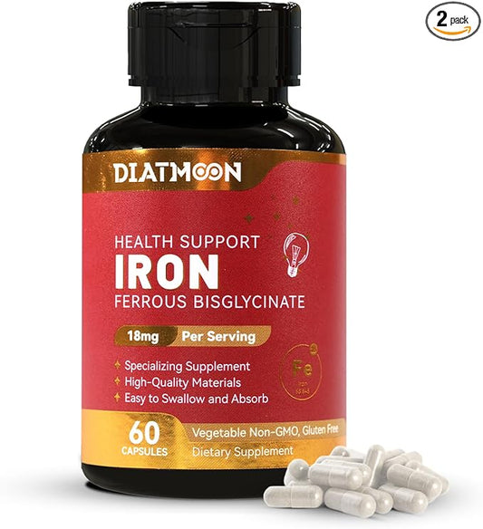 Iron Supplement, High Potency Iron 18 mg, as Ferrous Bisglycinate, for Women & Men, Easily Absorbed, Non-Gluten, GMOs-Free, 60 Count Veg Capsules (Pack of 2)