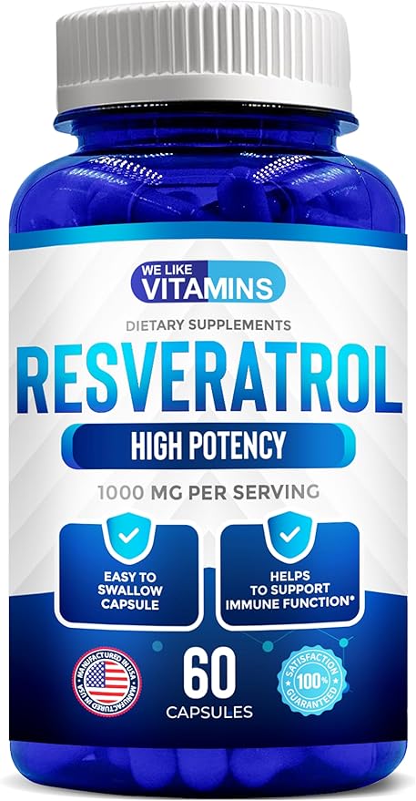 We Like Vitamins Resveratrol 1000mg per Serving - 60 Easy to Swallow Veggie Capsules - Natural Resveratrol Supplement 1000mg - Antioxidant Supplement Helps Support Immune System