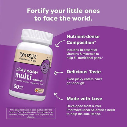 Renzo's Picky Eater Kids Multivitamin with Iron, Dissolving Kids Vitamins with Vitamin D3 and K2 and More, 60 Sugar-Free Melty Tabs, Oh-Oh-Oh Orange Flavor