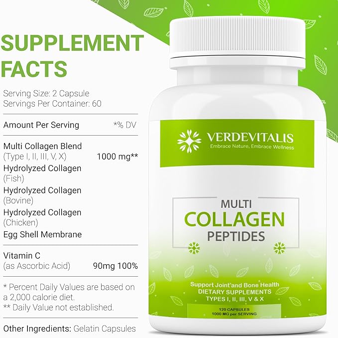 Multi Collagen Peptides Capsules -Non-GMO&Gluten Free Type I, II, III, V, X Hydrolyzed Collagen Supplements with Vitamin C - Supports Healthy Hair, Skin, Nails, & Joints - 120 CPS