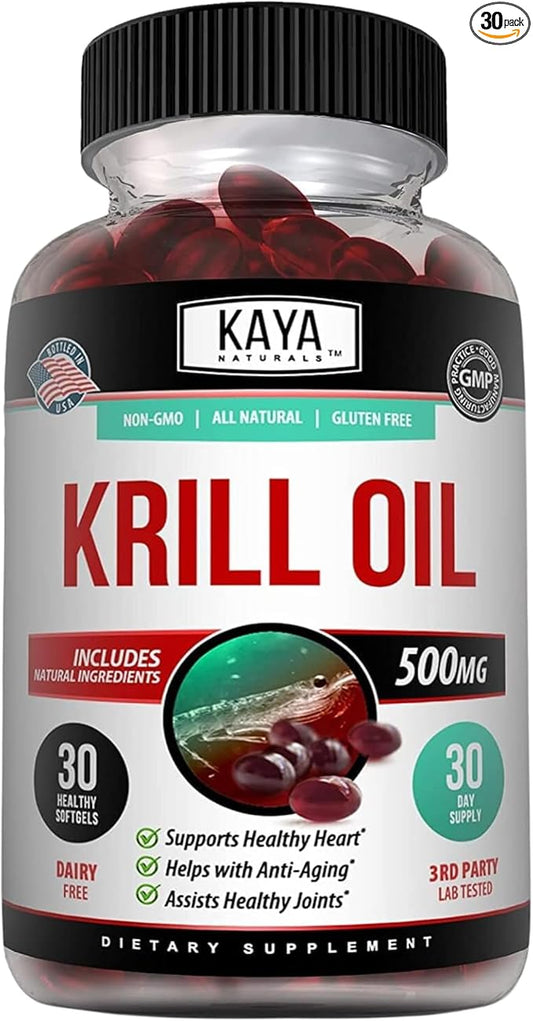 Kaya Naturals - Antarctic Krill Oil 500mg with Omega 3, EPA, DHA, Phospholipids & Astaxanthin Supplement - Brain & Health Vitamin - Anti Aging Supplement - 30 Count Softgels
