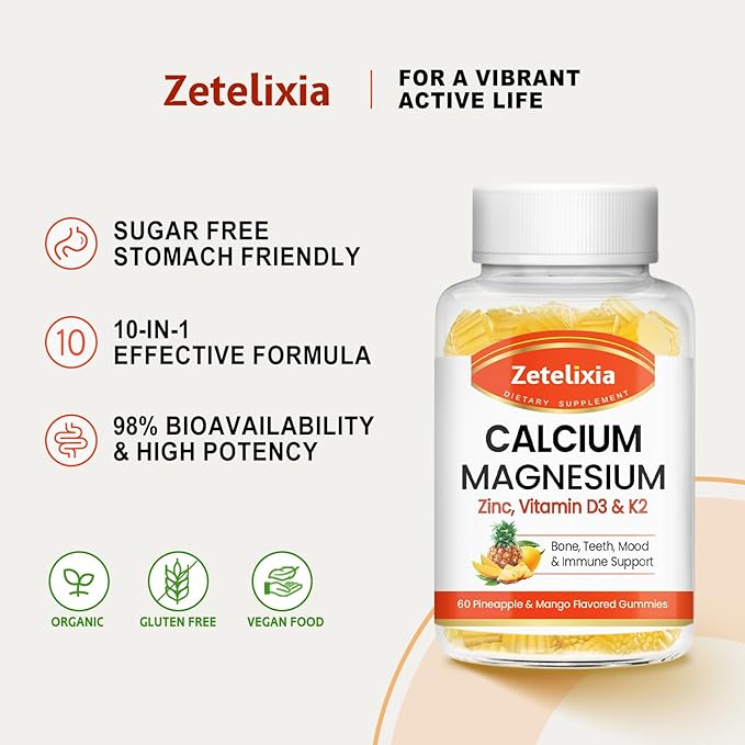 Calcium Gummies for Women Men, Calcium Magnesium Zinc with Vitamin D3 & K2, Calcium Magnesium Supplement for B0nes Muscles, Pineapple & Mango Flavor - 60 Count