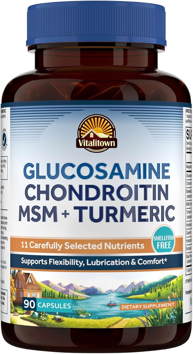 Vitalitown Glucosamine Chondroitin MSM, Turmeric, Collagen, Hyaluronic Acid, Boswellia, Quercetin, 11-in-1 Formula, Glucosamine Sulfate 1500 mg, No Shellfish, Flexibility & Comfort, 90 Caps