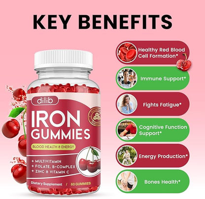Iron Gummies with Multivitamin, Iron Supplement for Women & Men with Zinc, Vitamin B Complex & C, B12, Folate - Blood Builder & Energy Support for Adults & Kids - Cherry Flavor, Vegan 60 Gummies