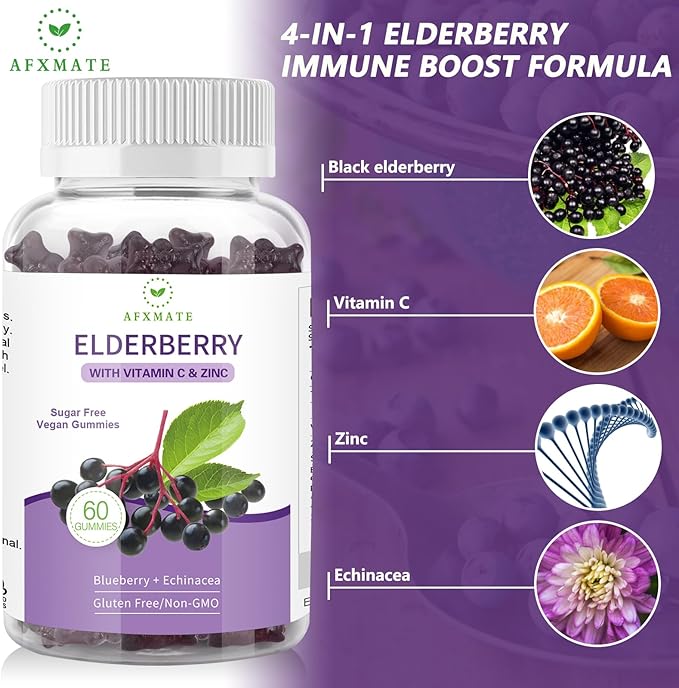 AFXMATE Sambucus Black Elderberry Gummies with Zinc and Vitamin C for Adults Kids Immune Support, Sugar Free 120 Counts